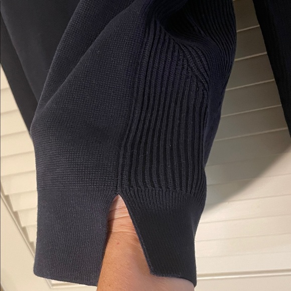 Theory Navy Crew Neck Tight Knit front and Ribbed Back Detail and Slit Sweater - Picture 3 of 12